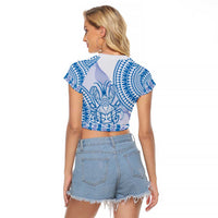 Niue Language Week Raglan Cropped T Shirt The Rock Coconut Crab - Siapo Blue Pastel LT14 - Polynesian Pride