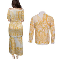 Niue Language Week Couples Matching Puletasi and Long Sleeve Button Shirt The Rock Coconut Crab - Siapo Gold Pastel LT14 - Polynesian Pride