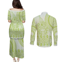 Lime Green Niue Language Week Couples Matching Puletasi and Long Sleeve Button Shirt The Rock Coconut Crab - Siapo Pattern LT14 - Polynesian Pride