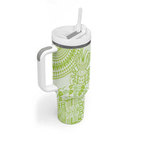 Lime Green Niue Language Week Tumbler With Handle The Rock Coconut Crab - Siapo Pattern LT14 - Polynesian Pride