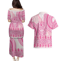 Pink Niue Language Week Couples Matching Puletasi and Hawaiian Shirt The Rock Coconut Crab - Siapo Pattern LT14 - Polynesian Pride