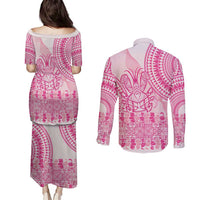 Pink Niue Language Week Couples Matching Puletasi and Long Sleeve Button Shirt The Rock Coconut Crab - Siapo Pattern LT14 - Polynesian Pride