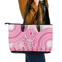 Pink Niue Language Week Leather Tote Bag The Rock Coconut Crab - Siapo Pattern LT14 - Polynesian Pride