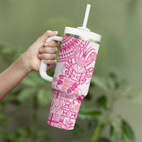Pink Niue Language Week Tumbler With Handle The Rock Coconut Crab - Siapo Pattern LT14 - Polynesian Pride