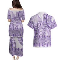 Purple Niue Language Week Couples Matching Puletasi and Hawaiian Shirt The Rock Coconut Crab - Siapo Pattern LT14 - Polynesian Pride