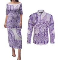 Purple Niue Language Week Couples Matching Puletasi and Long Sleeve Button Shirt The Rock Coconut Crab - Siapo Pattern LT14 Purple - Polynesian Pride