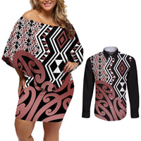 New Zealand Couples Matching Off Shoulder Short Dress and Long Sleeve Button Shirt Aotearoa Kowhaiwhai Mix Taniko Art LT14 Brown - Polynesian Pride