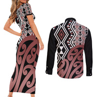 New Zealand Couples Matching Short Sleeve Bodycon Dress and Long Sleeve Button Shirt Aotearoa Kowhaiwhai Mix Taniko Art LT14 - Polynesian Pride