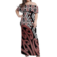 New Zealand Off Shoulder Maxi Dress Aotearoa Kowhaiwhai Mix Taniko Art LT14 Women Brown - Polynesian Pride
