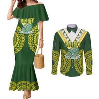 Custom Avaiki Cook Islands Rugby Couples Matching Mermaid Dress and Long Sleeve Button Shirt Kuki Airani Tatau Green - Polynesian Pride