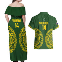 Custom Avaiki Cook Islands Rugby Couples Matching Off Shoulder Maxi Dress and Hawaiian Shirt Kuki Airani Tatau Green - Polynesian Pride