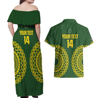 Custom Avaiki Cook Islands Rugby Couples Matching Off Shoulder Maxi Dress and Hawaiian Shirt Kuki Airani Tatau Green - Polynesian Pride