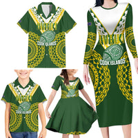 Custom Avaiki Cook Islands Rugby Family Matching Long Sleeve Bodycon Dress and Hawaiian Shirt Kuki Airani Tatau Green - Polynesian Pride