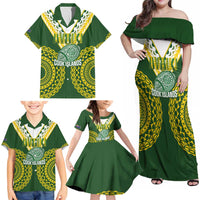 Custom Avaiki Cook Islands Rugby Family Matching Off Shoulder Maxi Dress and Hawaiian Shirt Kuki Airani Tatau Green - Polynesian Pride