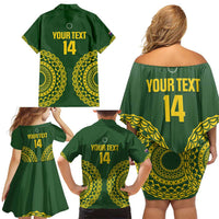 Custom Avaiki Cook Islands Rugby Family Matching Off Shoulder Short Dress and Hawaiian Shirt Kuki Airani Tatau Green - Polynesian Pride