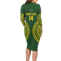 Custom Avaiki Cook Islands Rugby Long Sleeve Bodycon Dress Kuki Airani Tatau Green - Polynesian Pride
