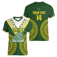 Custom Avaiki Cook Islands Rugby Women V-Neck T-Shirt Kuki Airani Tatau Green - Polynesian Pride