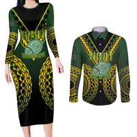 Custom Avaiki Cook Islands Rugby Couples Matching Long Sleeve Bodycon Dress and Long Sleeve Button Shirt Kuki Airani Tatau Black - Polynesian Pride