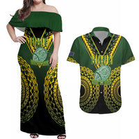 Custom Avaiki Cook Islands Rugby Couples Matching Off Shoulder Maxi Dress and Hawaiian Shirt Kuki Airani Tatau Black - Polynesian Pride