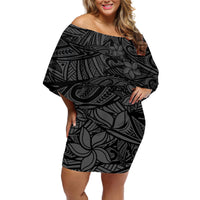 Polynesia Off Shoulder Short Dress - Polynesian Pattern Mix Plumeria Black LT14 Women Black - Polynesian Pride