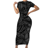 Polynesia Short Sleeve Bodycon Dress Polynesian Pattern Mix Plumeria Black LT14 Long Dress Black - Polynesian Pride
