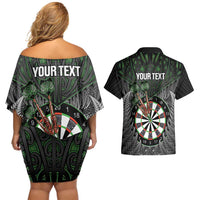 Personalised New Zealand Darts Couples Matching Off Shoulder Short Dress and Hawaiian Shirt Dartboard Maori Fern Puhoro Art