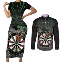 Personalised New Zealand Darts Couples Matching Short Sleeve Bodycon Dress and Long Sleeve Button Shirt Dartboard Maori Fern Puhoro Art