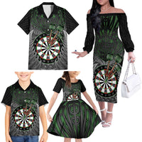Personalised New Zealand Darts Family Matching Off The Shoulder Long Sleeve Dress and Hawaiian Shirt Dartboard Maori Fern Puhoro Art