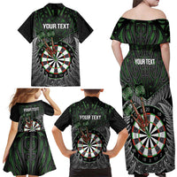 Personalised New Zealand Darts Family Matching Off Shoulder Maxi Dress and Hawaiian Shirt Dartboard Maori Fern Puhoro Art