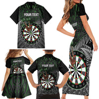 Personalised New Zealand Darts Family Matching Short Sleeve Bodycon Dress and Hawaiian Shirt Dartboard Maori Fern Puhoro Art