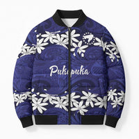 Personalised Cook Islands Pukapuka Bomber Puffer Jacket Tiare Maori Polynesian Waves Tattoo LT14 Unisex Blue - Polynesian Pride