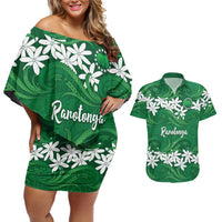 Personalised Cook Islands Rarotonga Couples Matching Off Shoulder Short Dress and Hawaiian Shirt Tiare Maori Polynesian Waves Tattoo