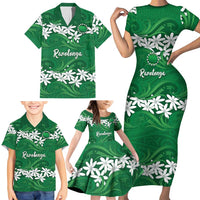 Personalised Cook Islands Rarotonga Family Matching Short Sleeve Bodycon Dress and Hawaiian Shirt Tiare Maori Polynesian Waves Tattoo