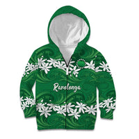 Personalised Cook Islands Rarotonga Kid Hoodie Tiare Maori Polynesian Waves Tattoo LT14 Zip Hoodie Green - Polynesian Pride