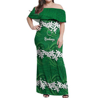 Personalised Cook Islands Rarotonga Off Shoulder Maxi Dress Tiare Maori Polynesian Waves Tattoo LT14 Women Green - Polynesian Pride