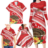 Kingdom Of Tonga Emancipation Day Family Matching Long Sleeve Bodycon Dress and Hawaiian Shirt Tongan Ngatu With Kumete Red