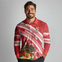 Kingdom Of Tonga Emancipation Day Long Sleeve Polo Shirt Tongan Ngatu With Kumete Red