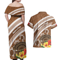 Kingdom Of Tonga Emancipation Day Couples Matching Off Shoulder Maxi Dress and Hawaiian Shirt Tongan Ngatu With Kumete Brown