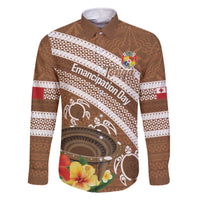 Kingdom Of Tonga Emancipation Day Family Matching Off The Shoulder Long Sleeve Dress and Hawaiian Shirt Tongan Ngatu With Kumete Brown