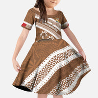 Kingdom Of Tonga Emancipation Day Kid Short Sleeve Dress Tongan Ngatu With Kumete Brown LT14 KID Brown - Polynesian Pride