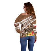 Kingdom Of Tonga Emancipation Day Off Shoulder Sweater Tongan Ngatu With Kumete Brown