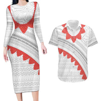 Tonga White Sunday Couples Matching Long Sleeve Bodycon Dress and Hawaiian Shirt Heilala Flowers Tongan Ngatu Pattern
