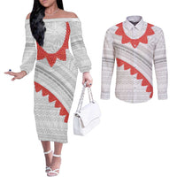 Tonga White Sunday Couples Matching Off The Shoulder Long Sleeve Dress and Long Sleeve Button Shirt Heilala Flowers Tongan Ngatu Pattern