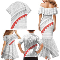 Tonga White Sunday Family Matching Mermaid Dress and Hawaiian Shirt Heilala Flowers Tongan Ngatu Pattern