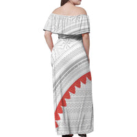 Tonga White Sunday Family Matching Off Shoulder Maxi Dress and Hawaiian Shirt Heilala Flowers Tongan Ngatu Pattern
