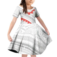 Tonga White Sunday Family Matching Off Shoulder Short Dress and Hawaiian Shirt Heilala Flowers Tongan Ngatu Pattern