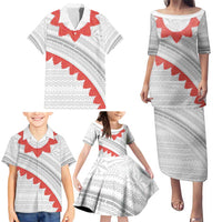 Tonga White Sunday Family Matching Puletasi and Hawaiian Shirt Heilala Flowers Tongan Ngatu Pattern