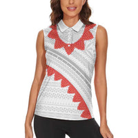 Tonga White Sunday Women Sleeveless Polo Shirt Heilala Flowers Tongan Ngatu Pattern
