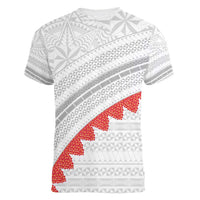 Tonga White Sunday Women V-Neck T-Shirt Heilala Flowers Tongan Ngatu Pattern