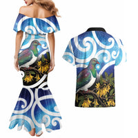 Kekeru New Zealand Matariki Couples Matching Mermaid Dress and Hawaiian Shirt Kukupa Kowhai Maori New Year Blue Version